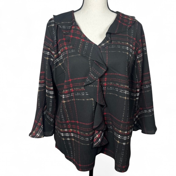Investments Petites Riley Women’s Plaid Ruffle Front Blouse Petite M Black Red - Picture 1 of 7